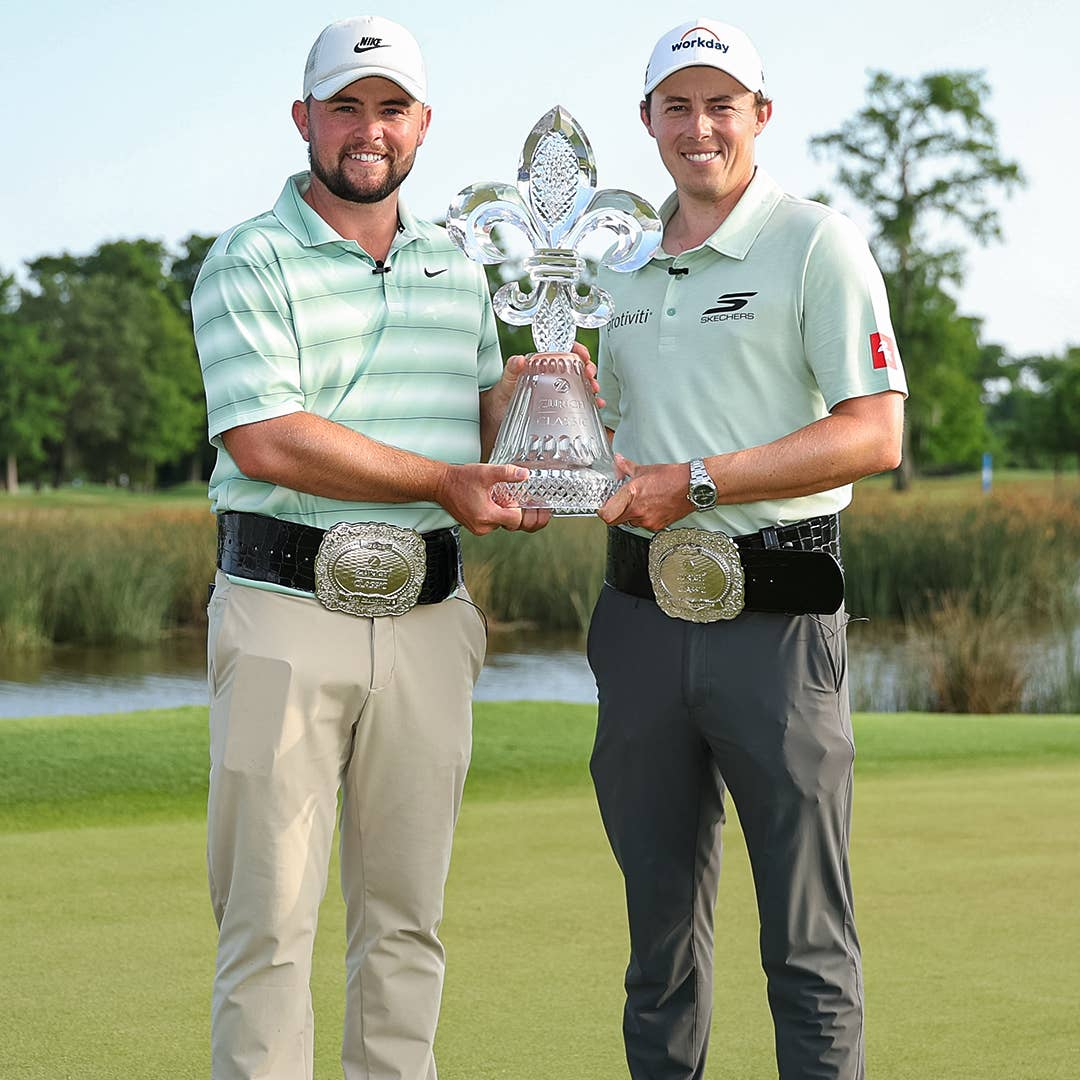 Brothers Matt Fitzpatrick and Alex Fitzpatrick wearing Zurich Classic Champion Buckles made by Malcolm DeMille